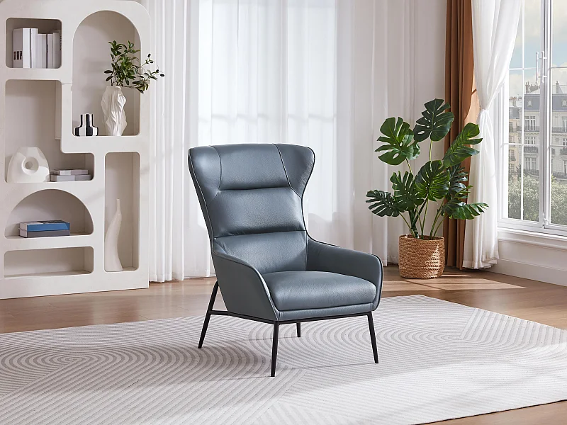 Fauteuil en cuir de buffle gris bleuté DINNIA