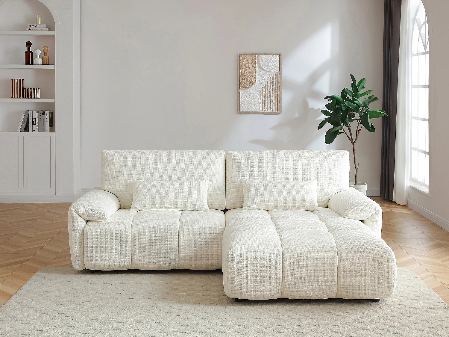 Canapé d'angle droit en tissu chenille blanc cassé ANELKO