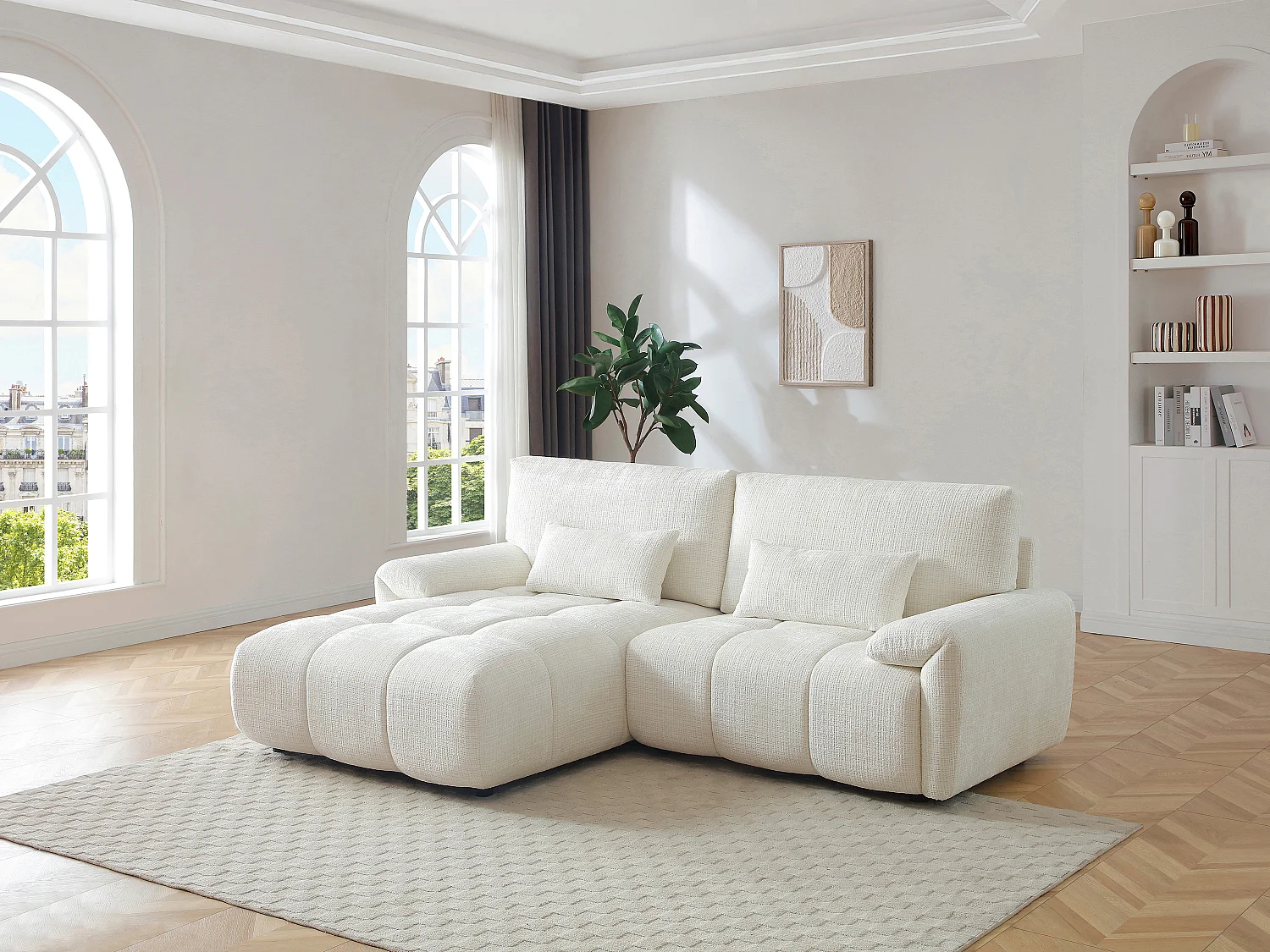 Canapé d'angle gauche en tissu chenille blanc cassé ANELKO