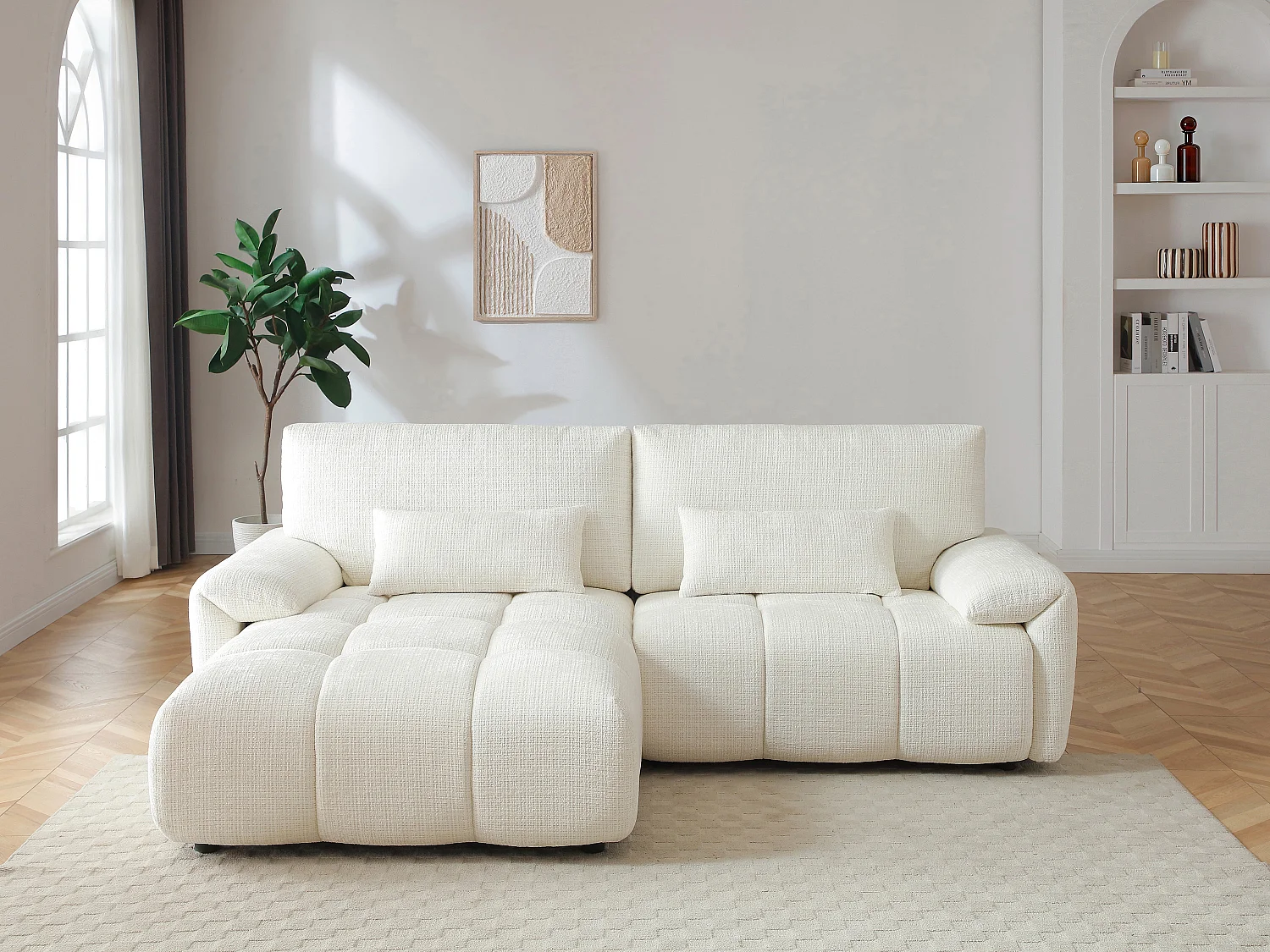 Canapé d'angle gauche en tissu chenille blanc cassé ANELKO