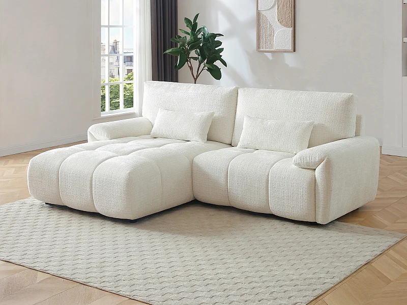 Canapé d'angle gauche en tissu chenille blanc cassé ANELKO