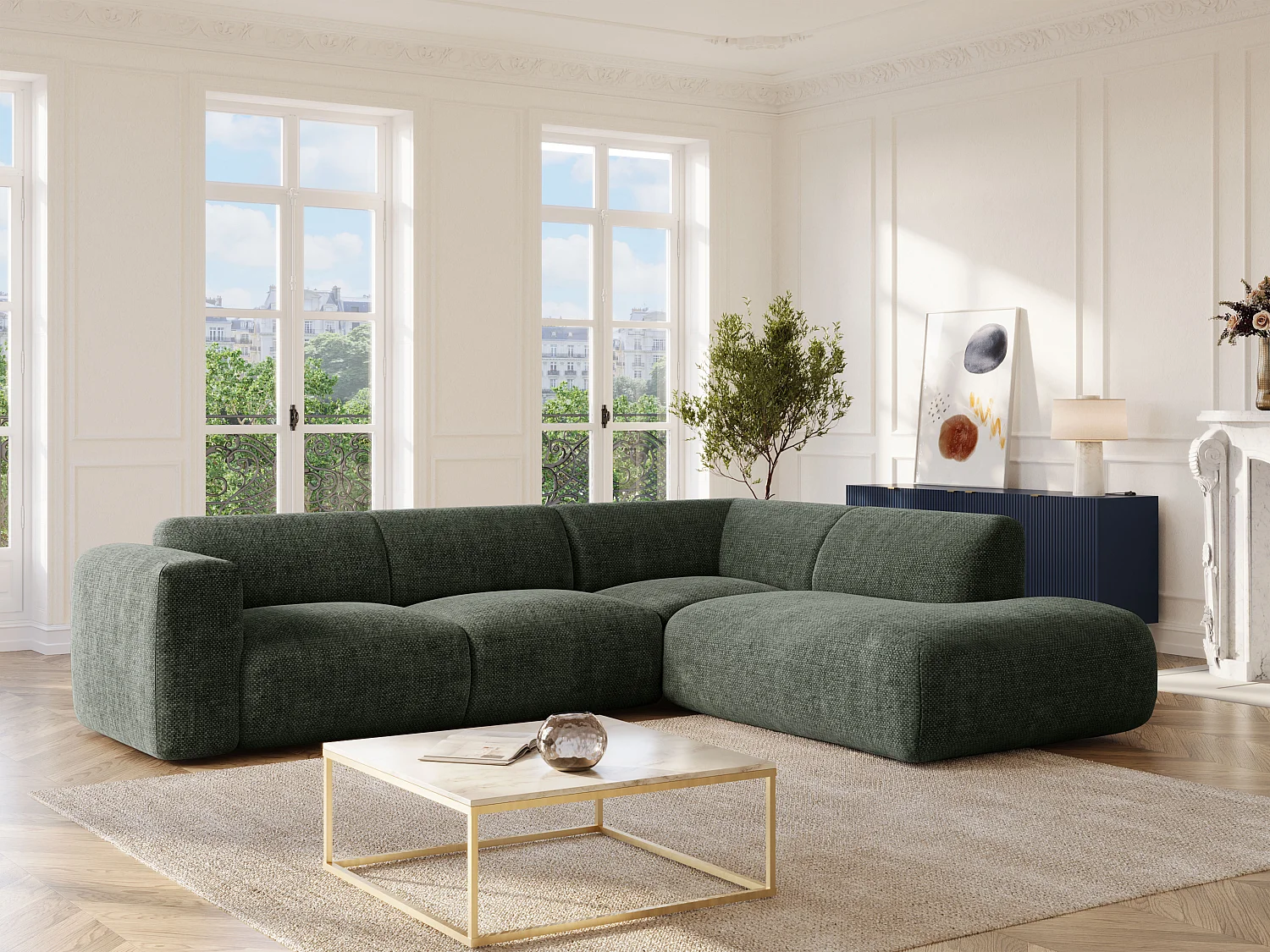 Grand canapé d'angle droit avec dossier méridienne en tissu chiné vert POGNI de Maison Céphy