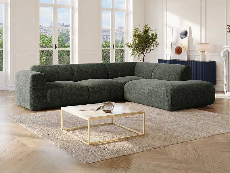 Grand canapé d'angle droit avec dossier méridienne en tissu chiné vert POGNI de Maison Céphy