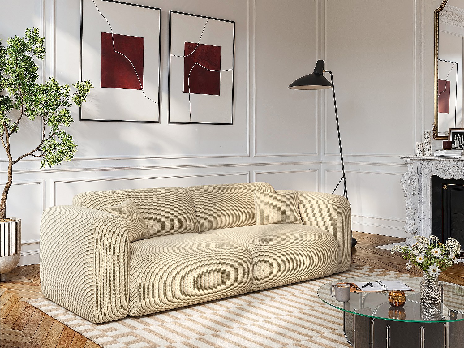 Sofa mit Schlaffunktion 4-Sitzer - Cordvelours, feine Rippung - Beige - POG günstig online kaufen