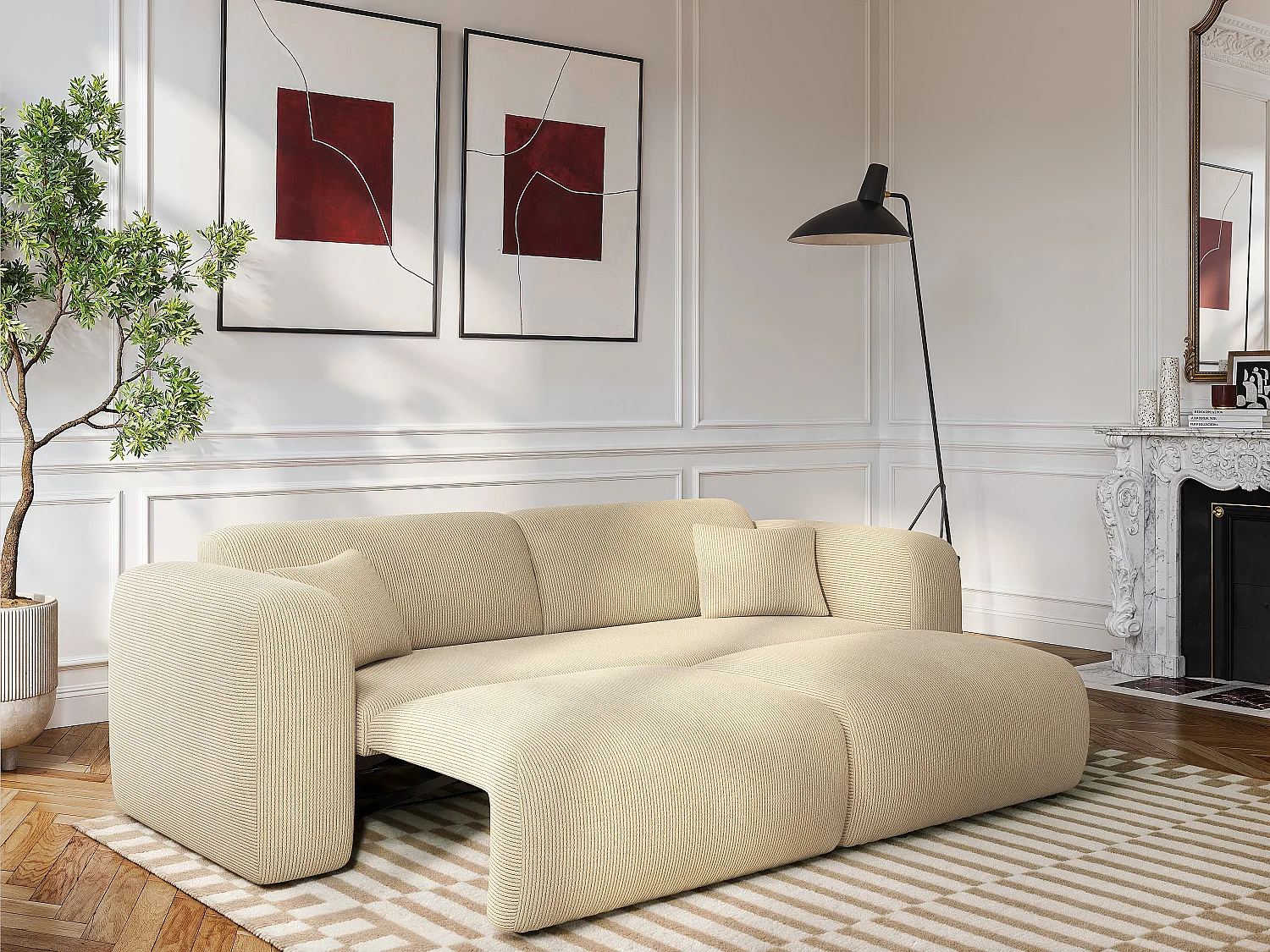 Canapé 4 places convertible en velours côtelé fines côtes beige POGNI de Maison Céphy