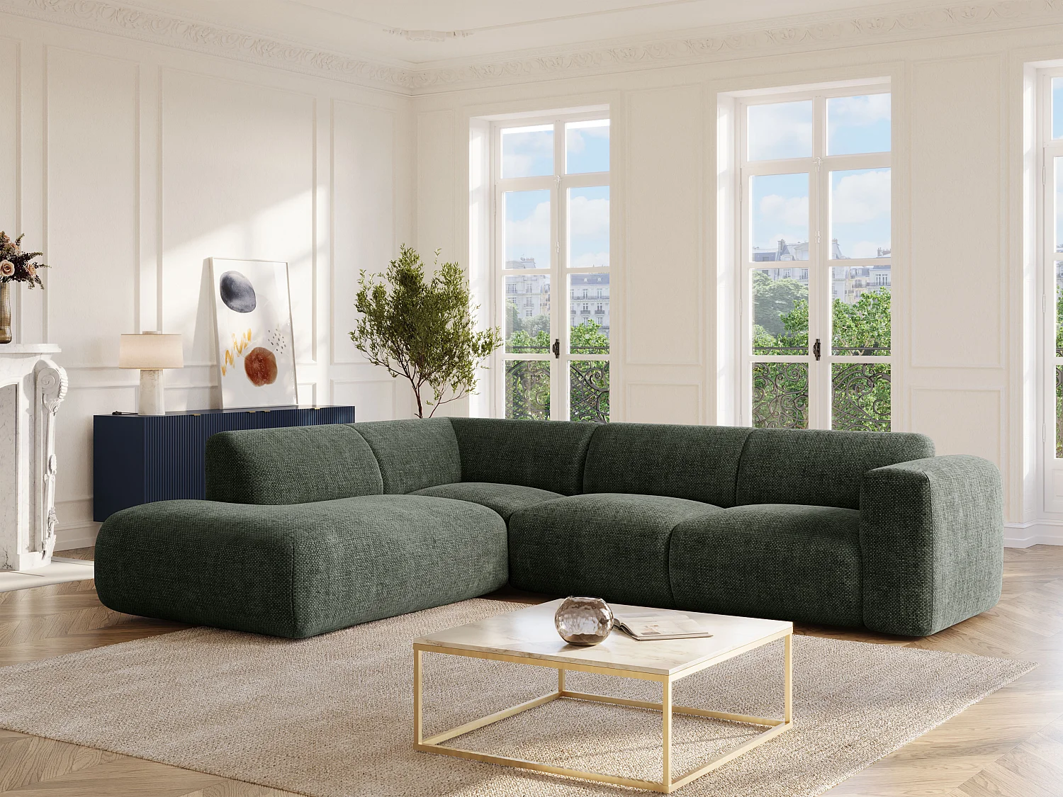 Grand canapé d'angle gauche avec dossier méridienne en tissu chiné vert POGNI de Maison Céphy