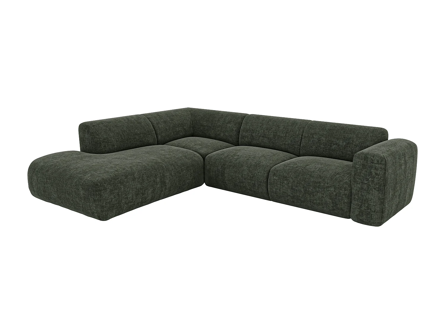 Grand canapé d'angle gauche avec dossier méridienne en tissu chiné vert POGNI de Maison Céphy