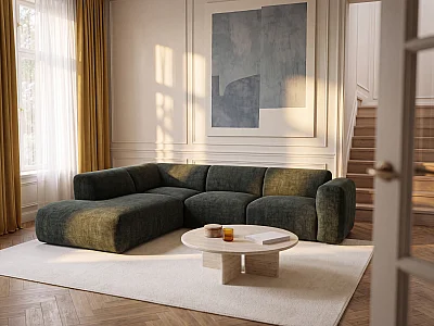 Grande divano angolo a sinistra con chaise longue in tessuto verde - POGNI di Maison Céphy