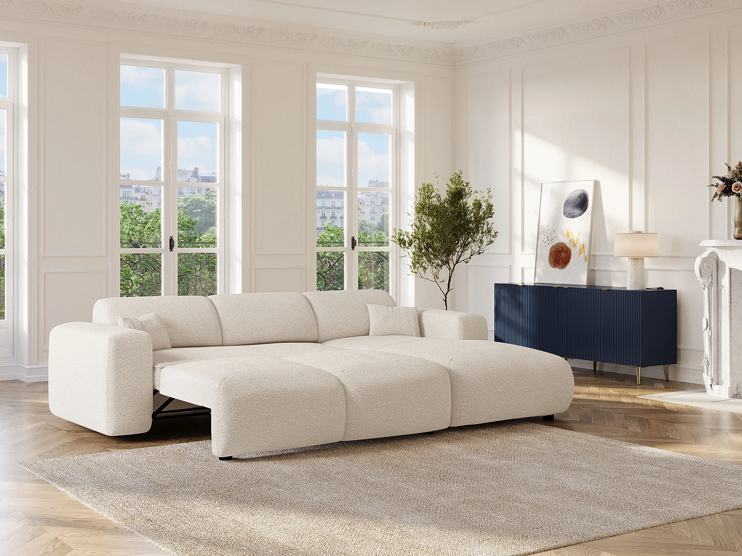 Grand canapé d'angle droit convertible en tissu bouclette blanc POGNI de Maison Céphy