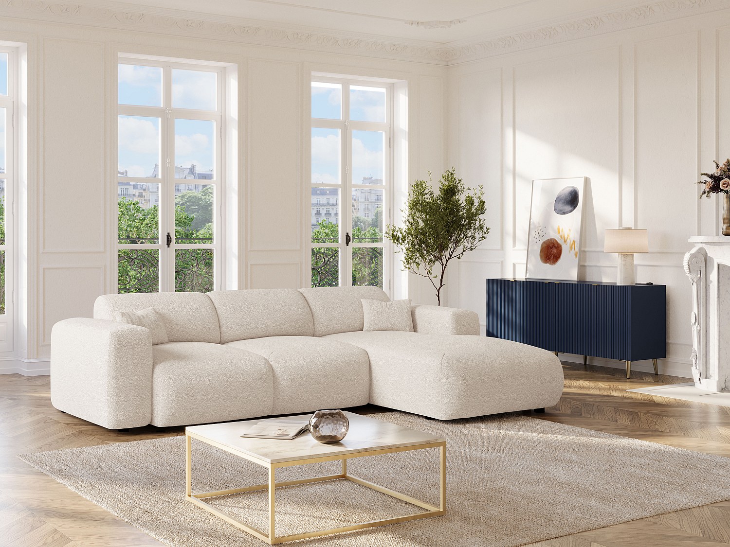 Großes Ecksofa mit Schlaffunktion – Ecke rechts – Bouclé-Stoff – Weiß – POG günstig online kaufen