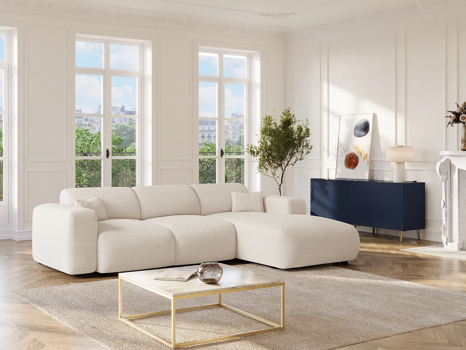 Grand canapé d'angle droit convertible en tissu bouclette blanc POGNI de Maison Céphy