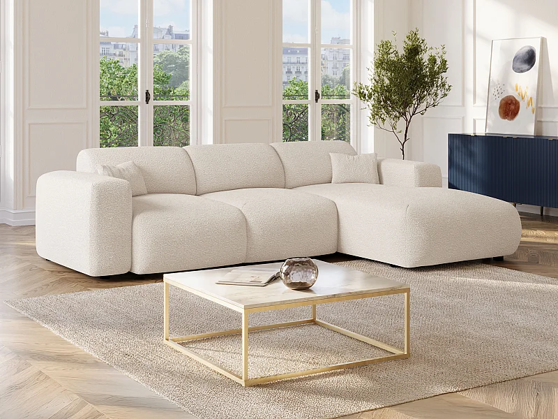 Grand canapé d'angle droit convertible en tissu bouclette blanc POGNI de Maison Céphy