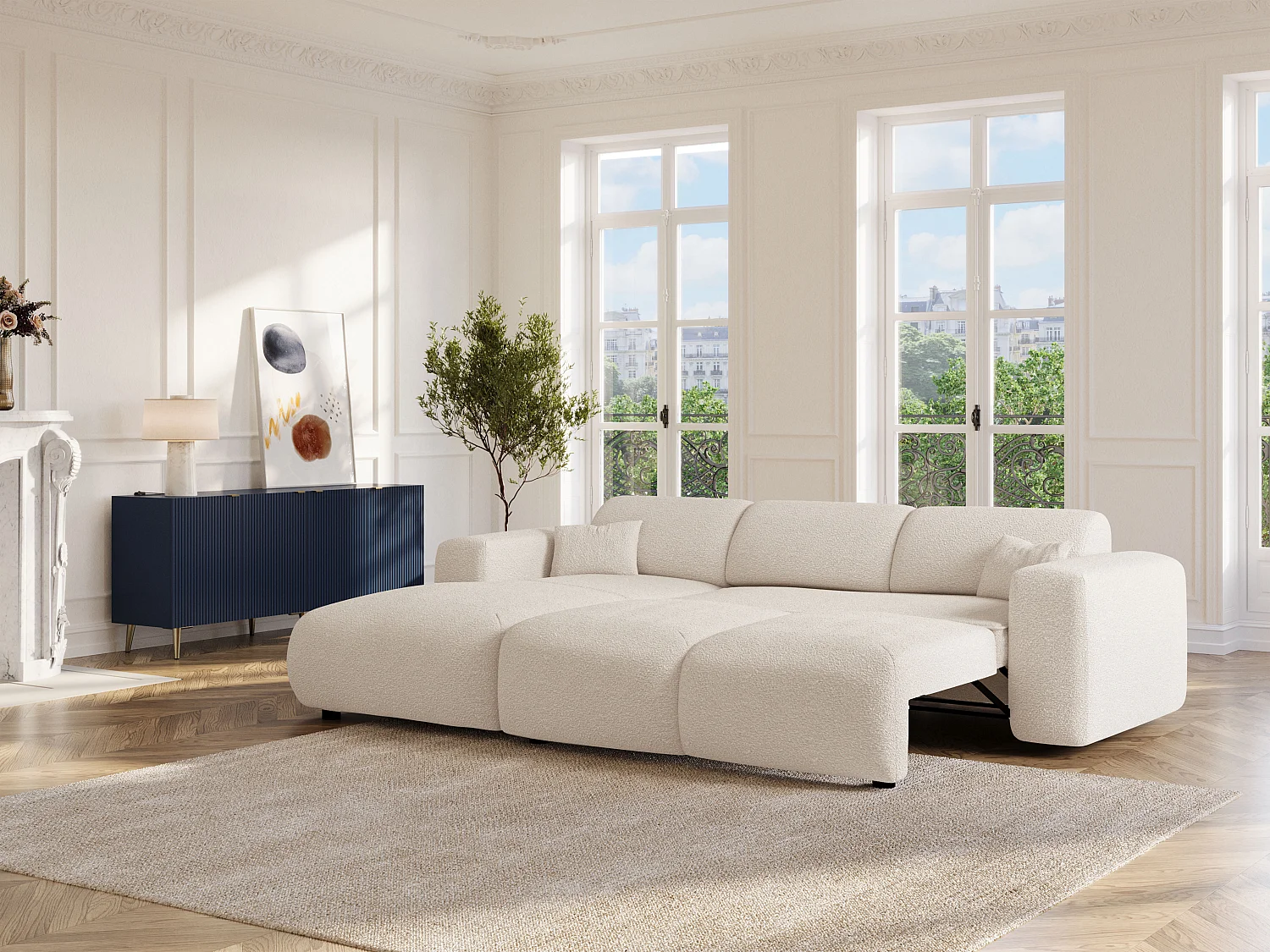 Grand canapé d'angle gauche convertible en tissu bouclette blanc POGNI de Maison Céphy