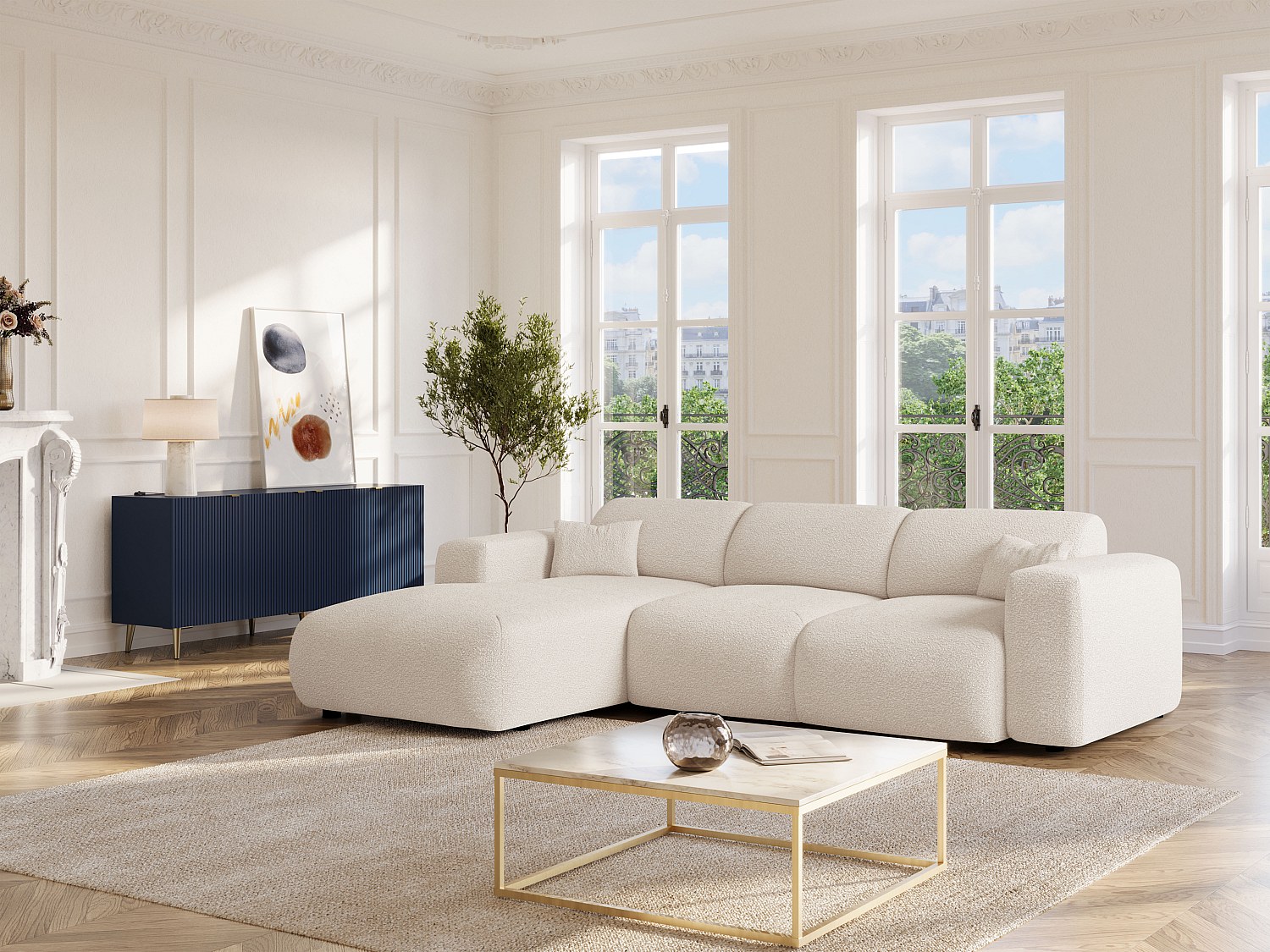 Großes Ecksofa mit Schlaffunktion – Ecke links – Bouclé-Stoff – Weiß – POGN günstig online kaufen