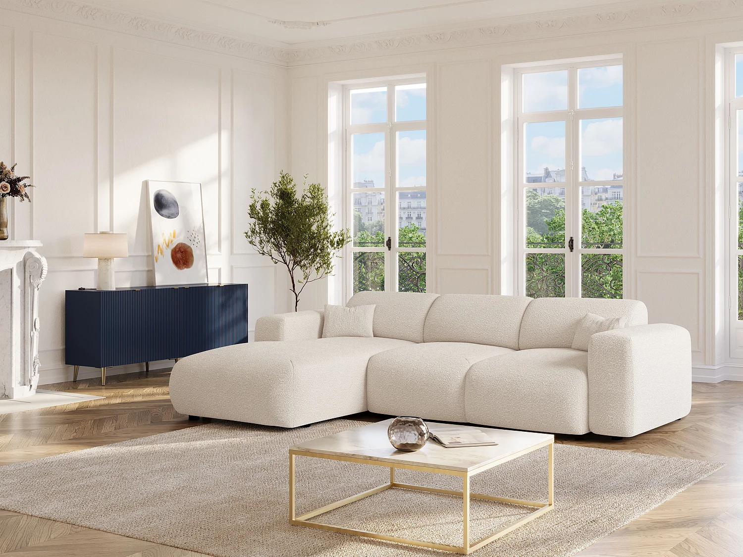 Grand canapé d'angle gauche convertible en tissu bouclette blanc POGNI de Maison Céphy