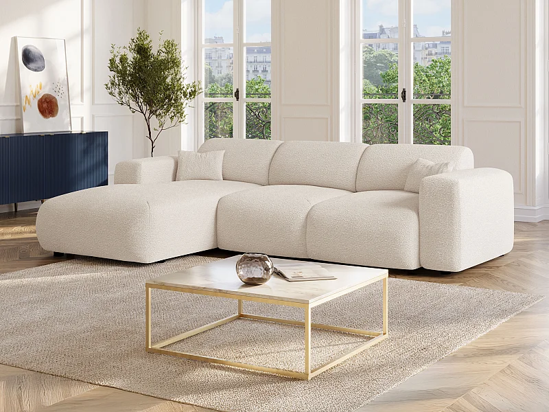 Grand canapé d'angle gauche convertible en tissu bouclette blanc POGNI de Maison Céphy