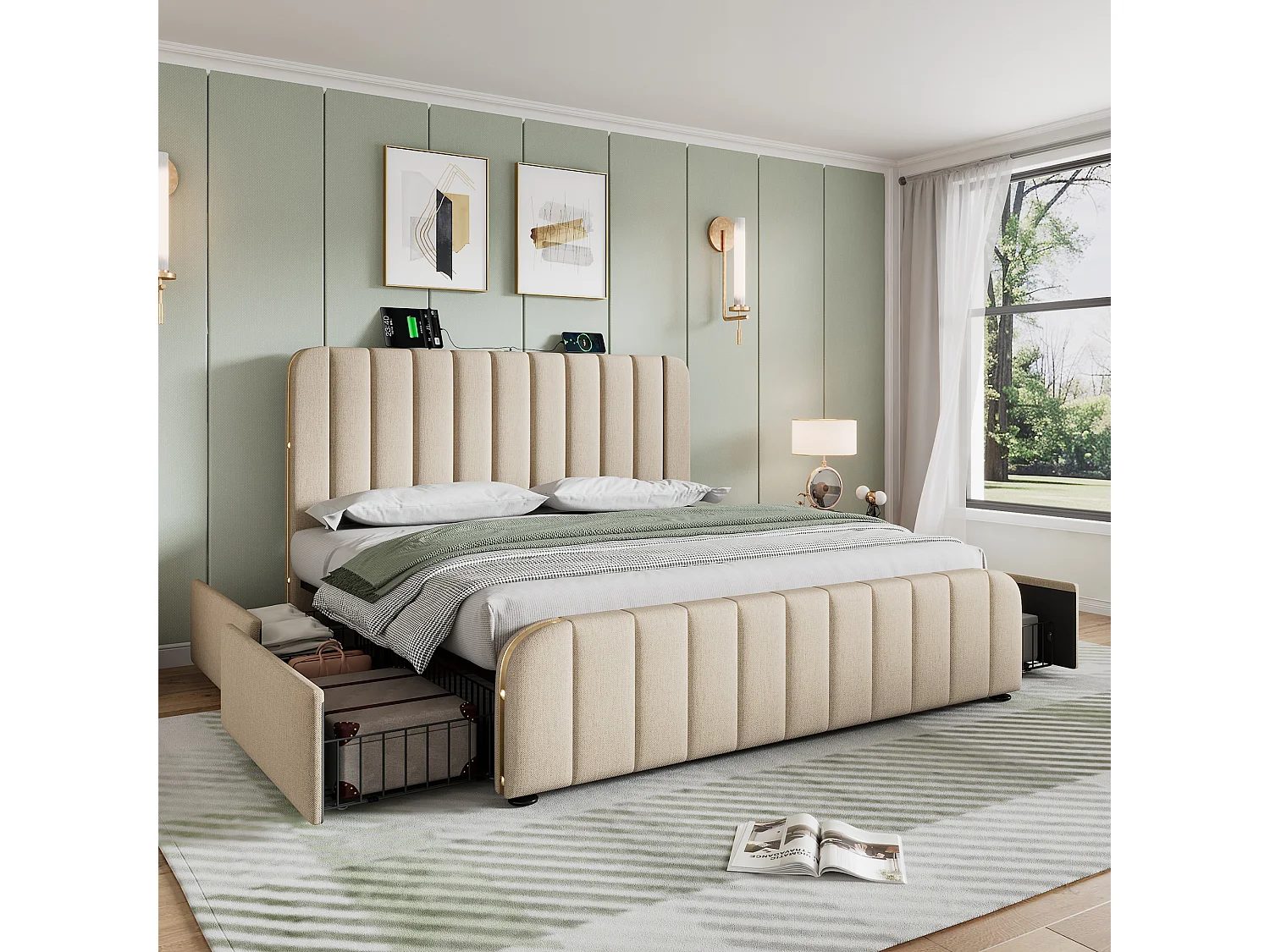 Lit double 140x200 avec tête de lit rembourrée, bandes décoratives dorées et port USB Type-C, en lin beige avec 4 tiroirs, capacité 181 kg (sans matelas)