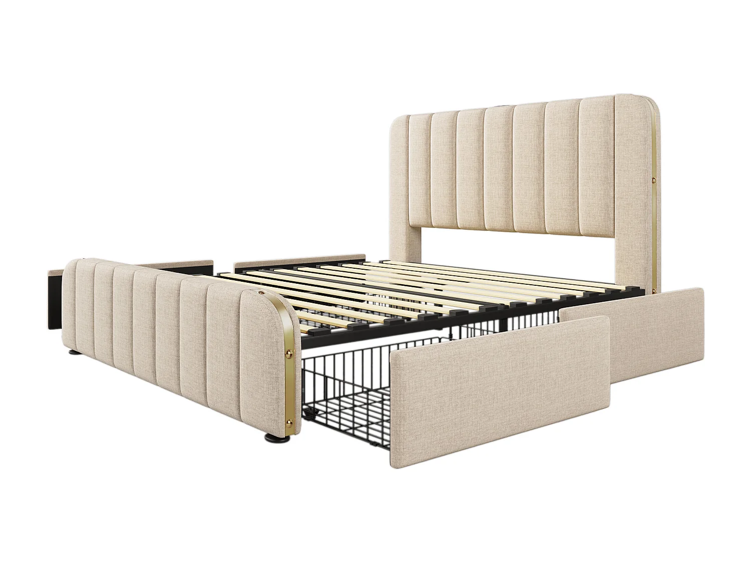 Lit double 140x200 avec tête de lit rembourrée, bandes décoratives dorées et port USB Type-C, en lin beige avec 4 tiroirs, capacité 181 kg (sans matelas)