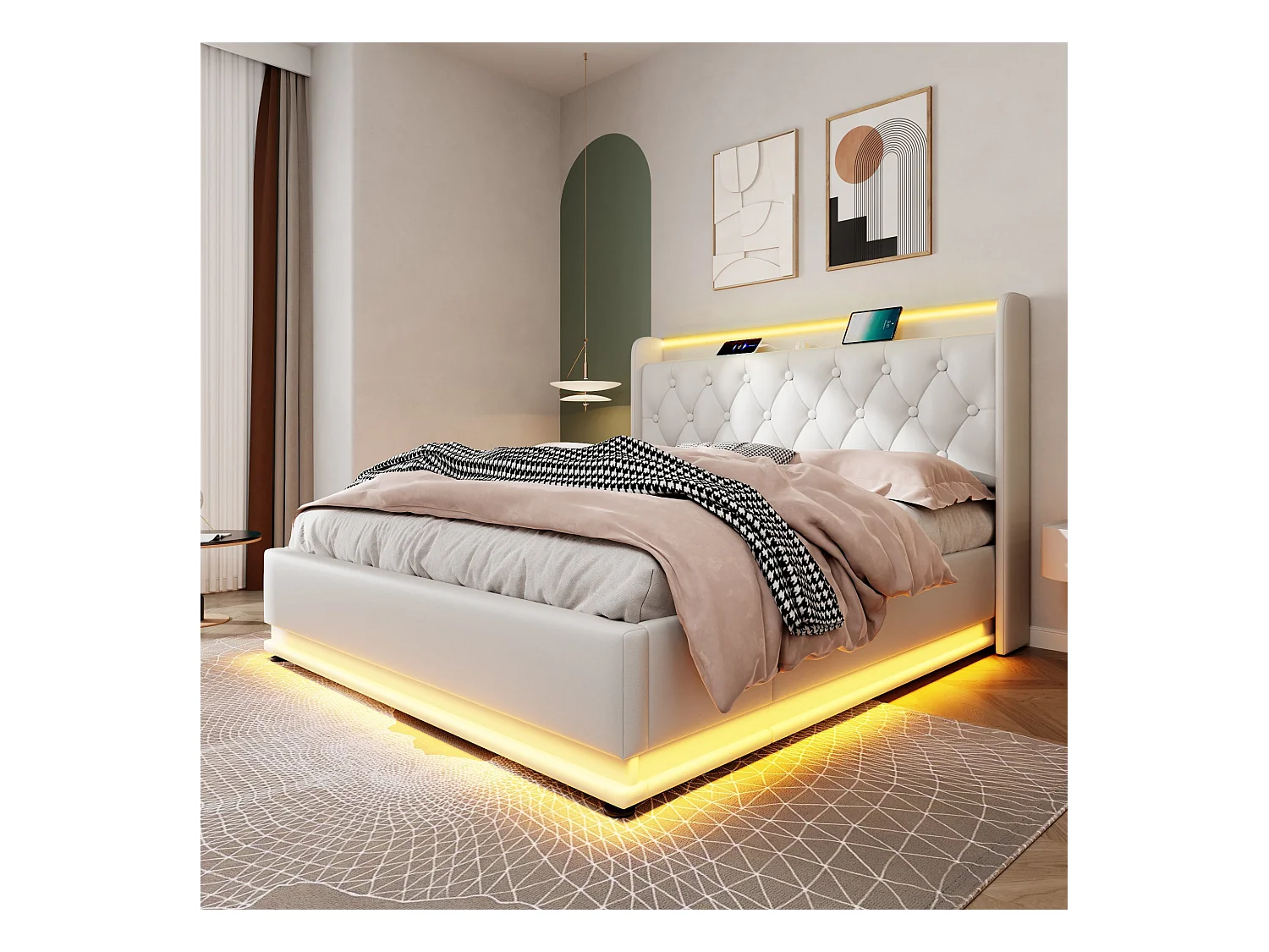 Lit double 160x200 blanc PU avec LED 360°, tête rembourrée, commande tactile/app/télécommande, USB Type-C, hydraulique (sans matelas)