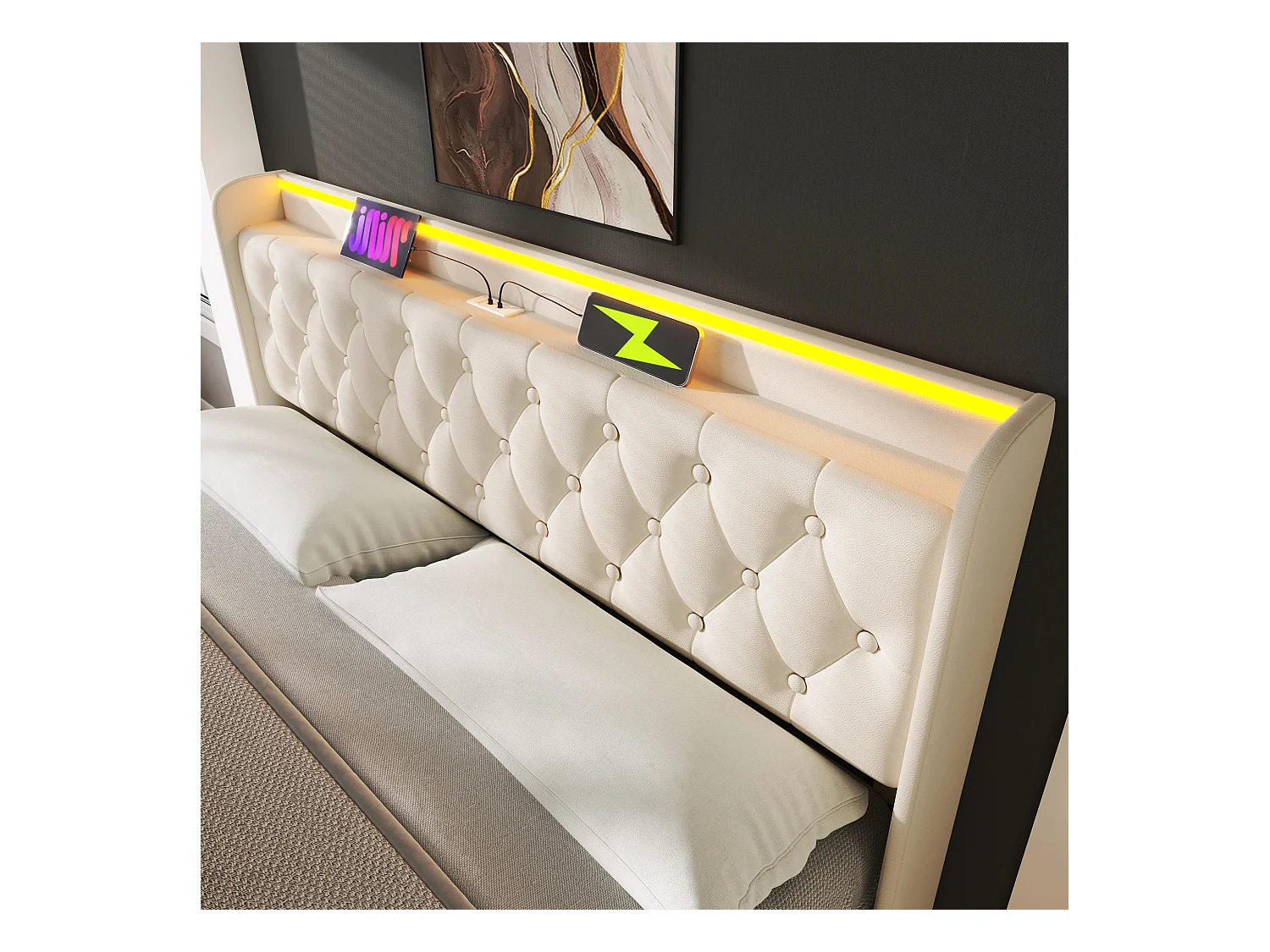 Lit double 160x200 blanc PU avec LED 360°, tête rembourrée, commande tactile/app/télécommande, USB Type-C, hydraulique (sans matelas)