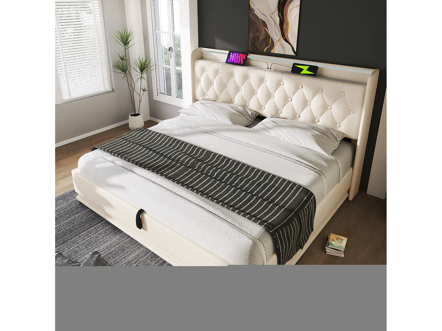 Lit double 160x200 blanc PU avec LED 360°, tête rembourrée, commande tactile/app/télécommande, USB Type-C, hydraulique (sans matelas)