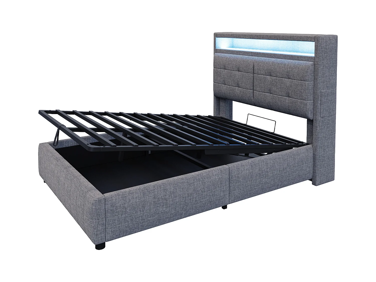 Lit Polster 140x200 cm avec LED et USB, tête de lit avec étagères, rangement hydraulique, lit double adulte en lin gris, sans matelas.