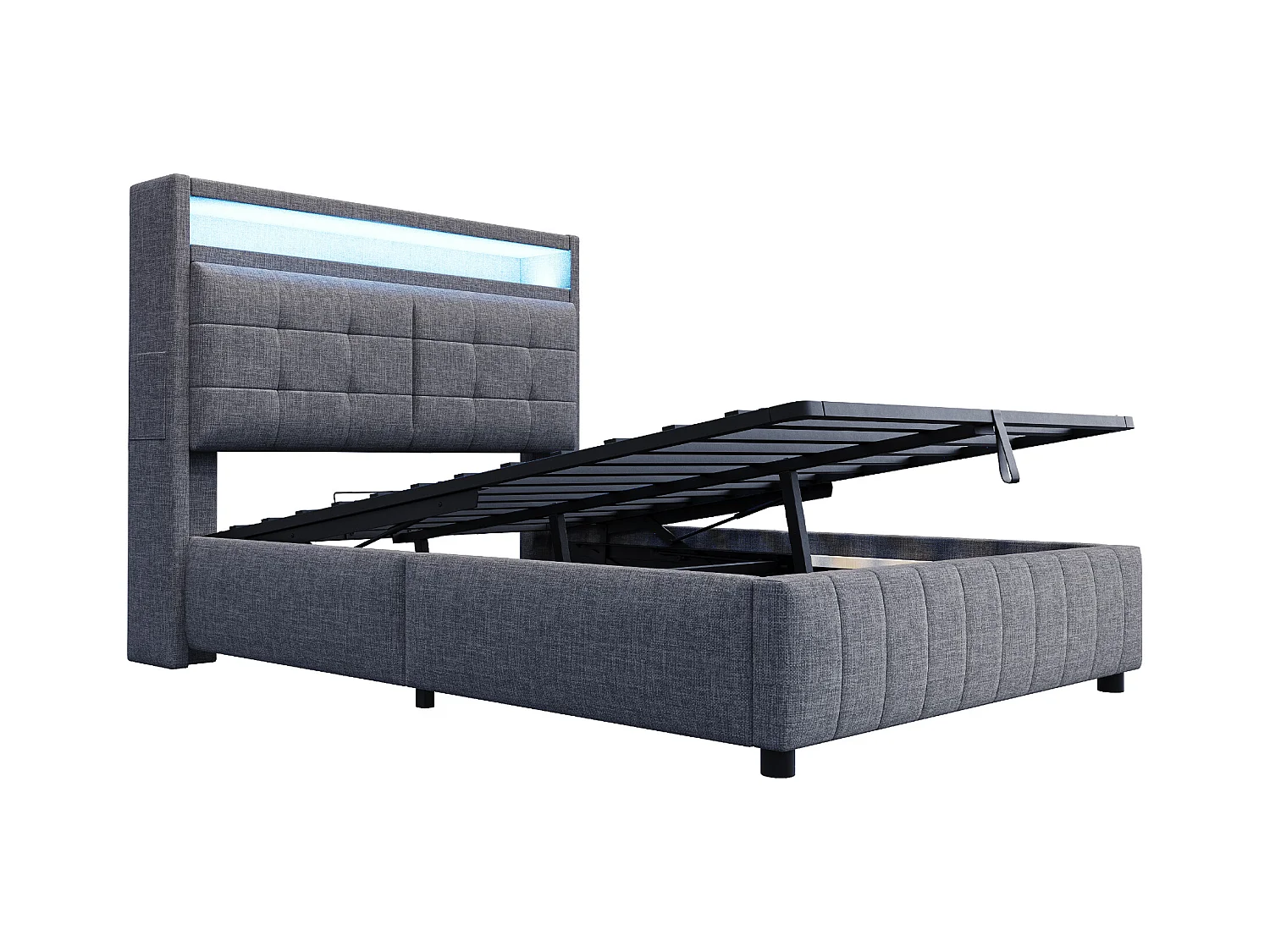 Lit Polster 140x200 cm avec LED et USB, tête de lit avec étagères, rangement hydraulique, lit double adulte en lin gris, sans matelas.