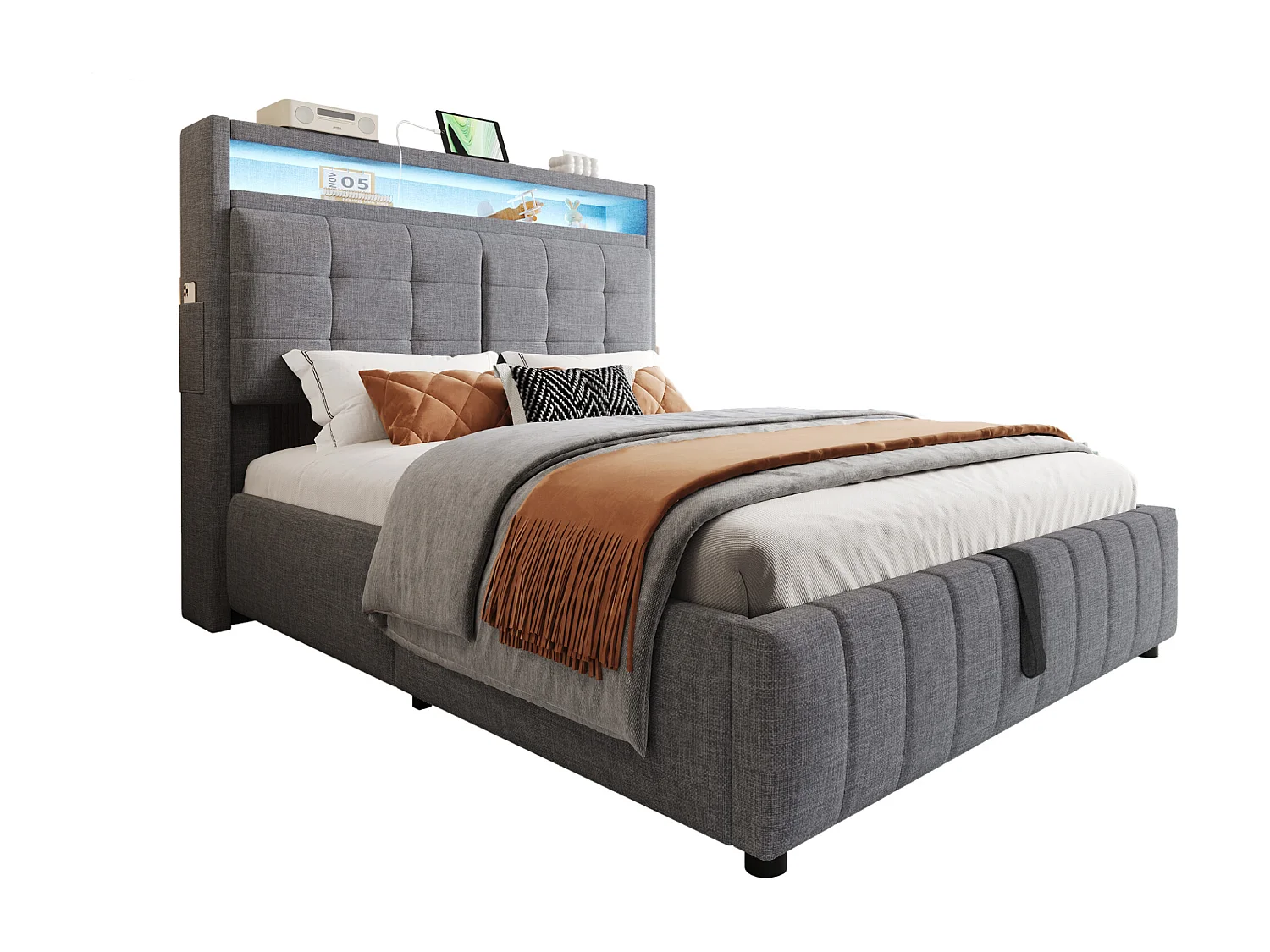 Lit Polster 140x200 cm avec LED et USB, tête de lit avec étagères, rangement hydraulique, lit double adulte en lin gris, sans matelas.