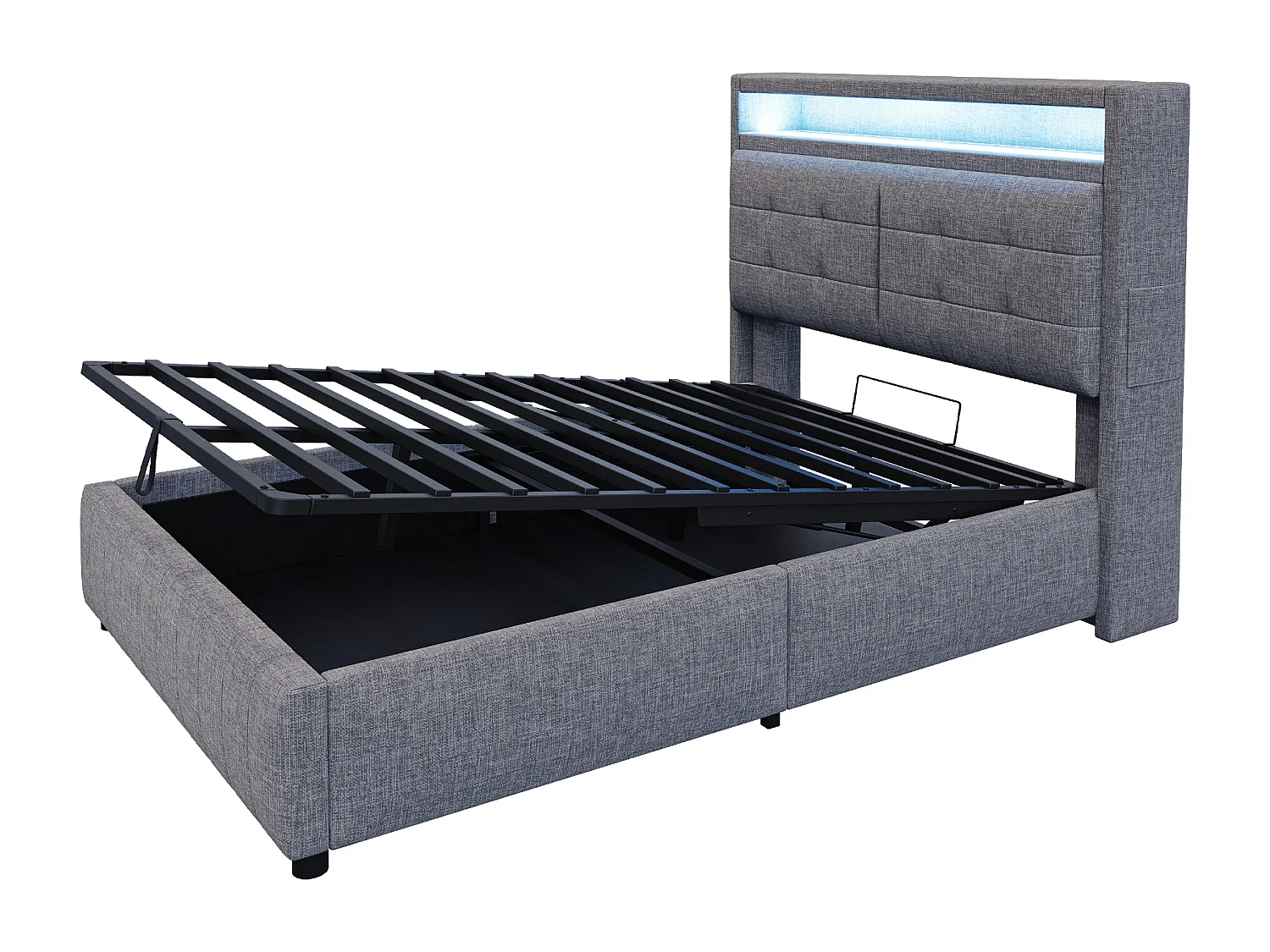 Lit Polster 140x200 cm avec LED et USB, tête de lit avec étagères, rangement hydraulique, lit double adulte en lin gris, sans matelas.