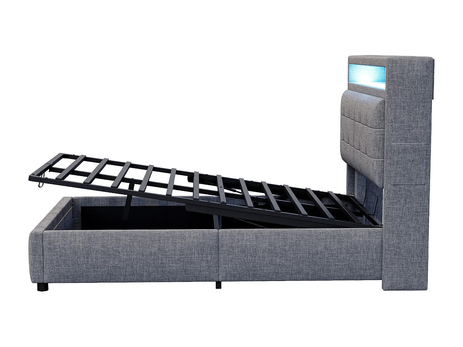Lit Polster 140x200 cm avec LED et USB, tête de lit avec étagères, rangement hydraulique, lit double adulte en lin gris, sans matelas.