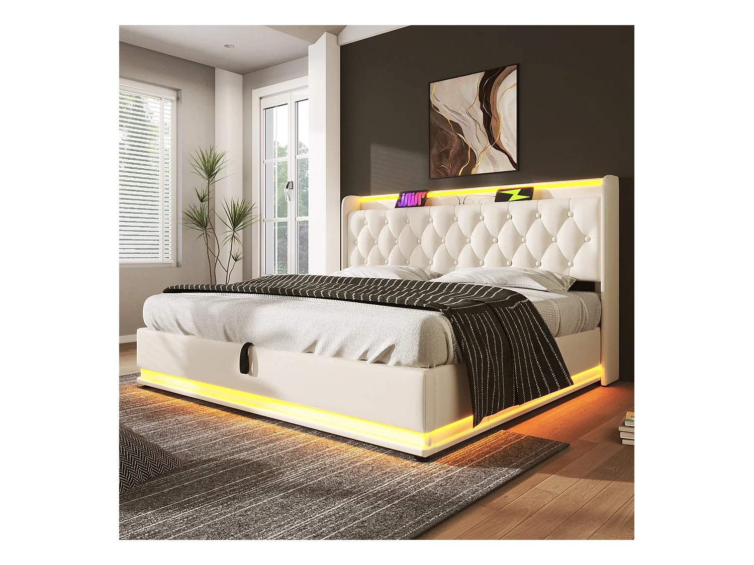 Lit double 140x200 blanc PU avec LED 360°, tête rembourrée, commande tactile/app/télécommande, USB Type-C, hydraulique (sans matelas)