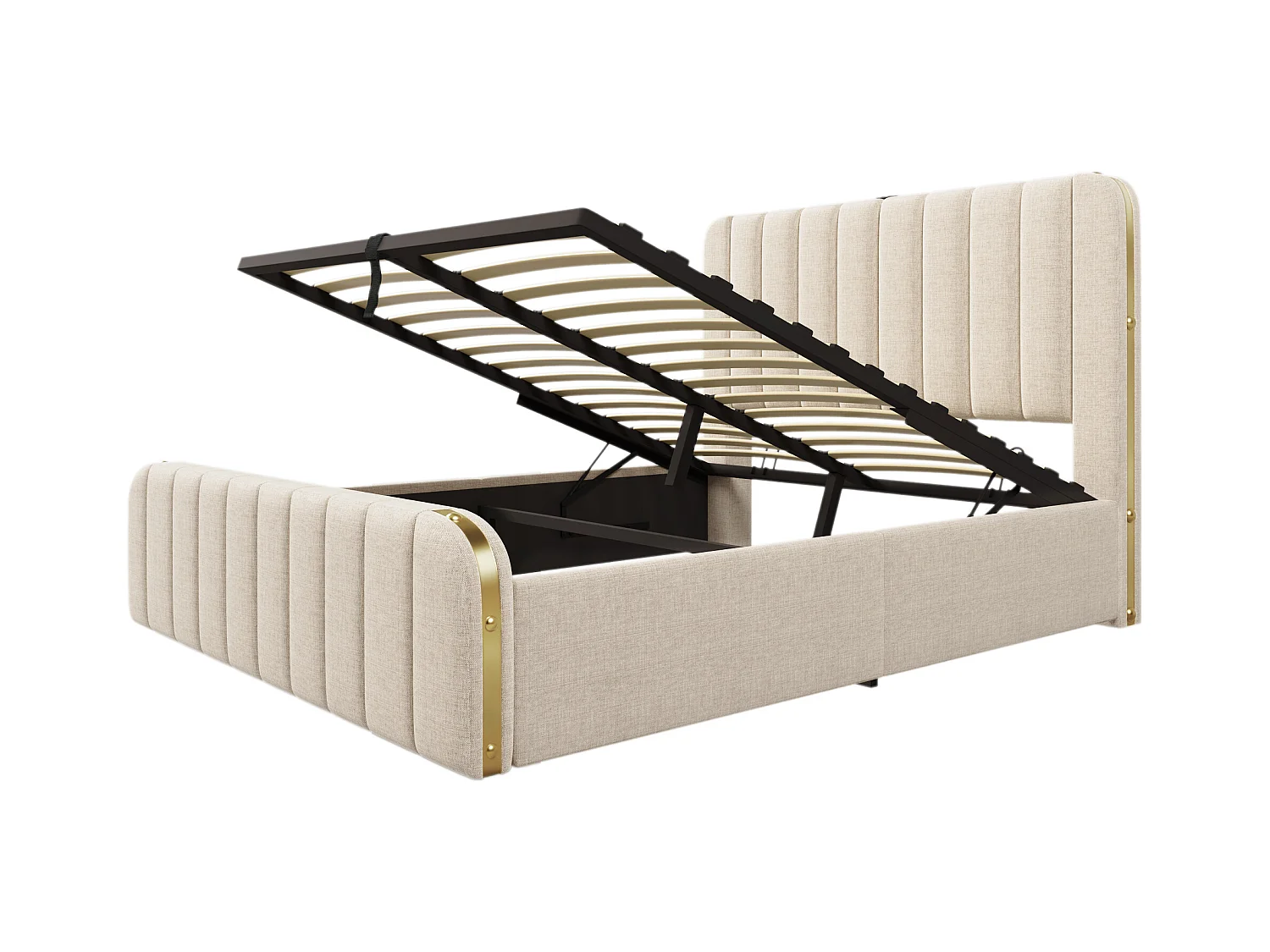 Lit double 160x200 cm avec tête rembourrée, décor doré, port USB-C, rangement hydraulique, capacité 200 kg, lin beige, sans matelas.