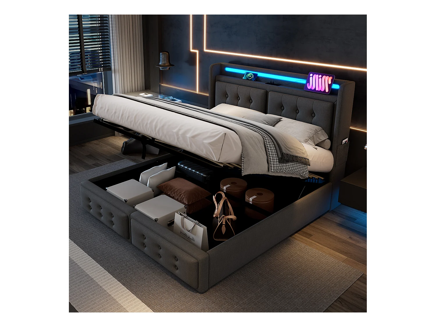 Lit double 180x200 avec tête de lit LED et port USB-C, lit hydraulique avec sommier en bois et cadre métallique, capacité 300 kg, gris, coton (sans matelas)