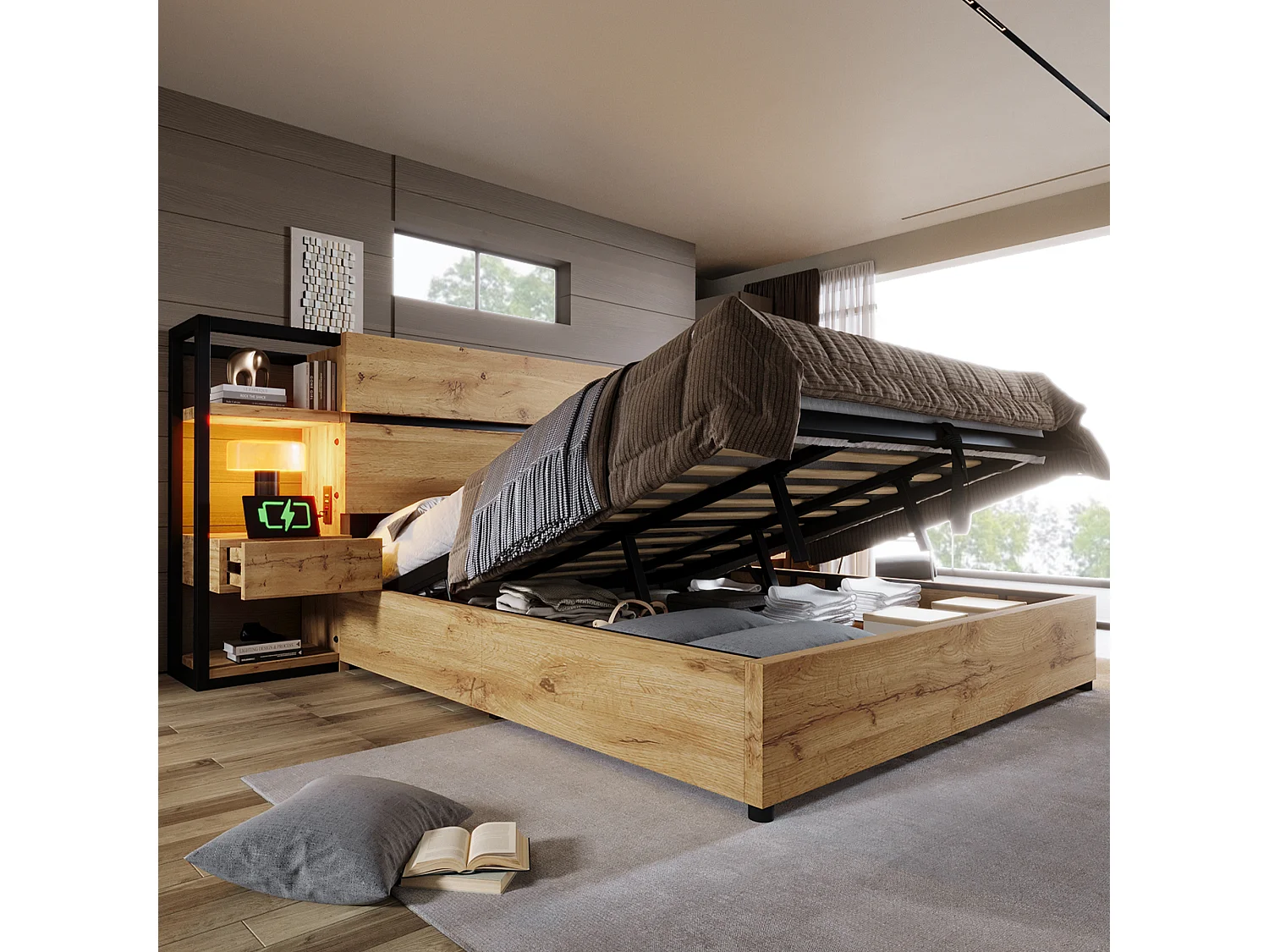 Lit double bois 160x200 cm avec rangement hydraulique, tête de lit avec tiroirs, ports USB & Type-C, cadre à lattes, chêne, sans matelas.