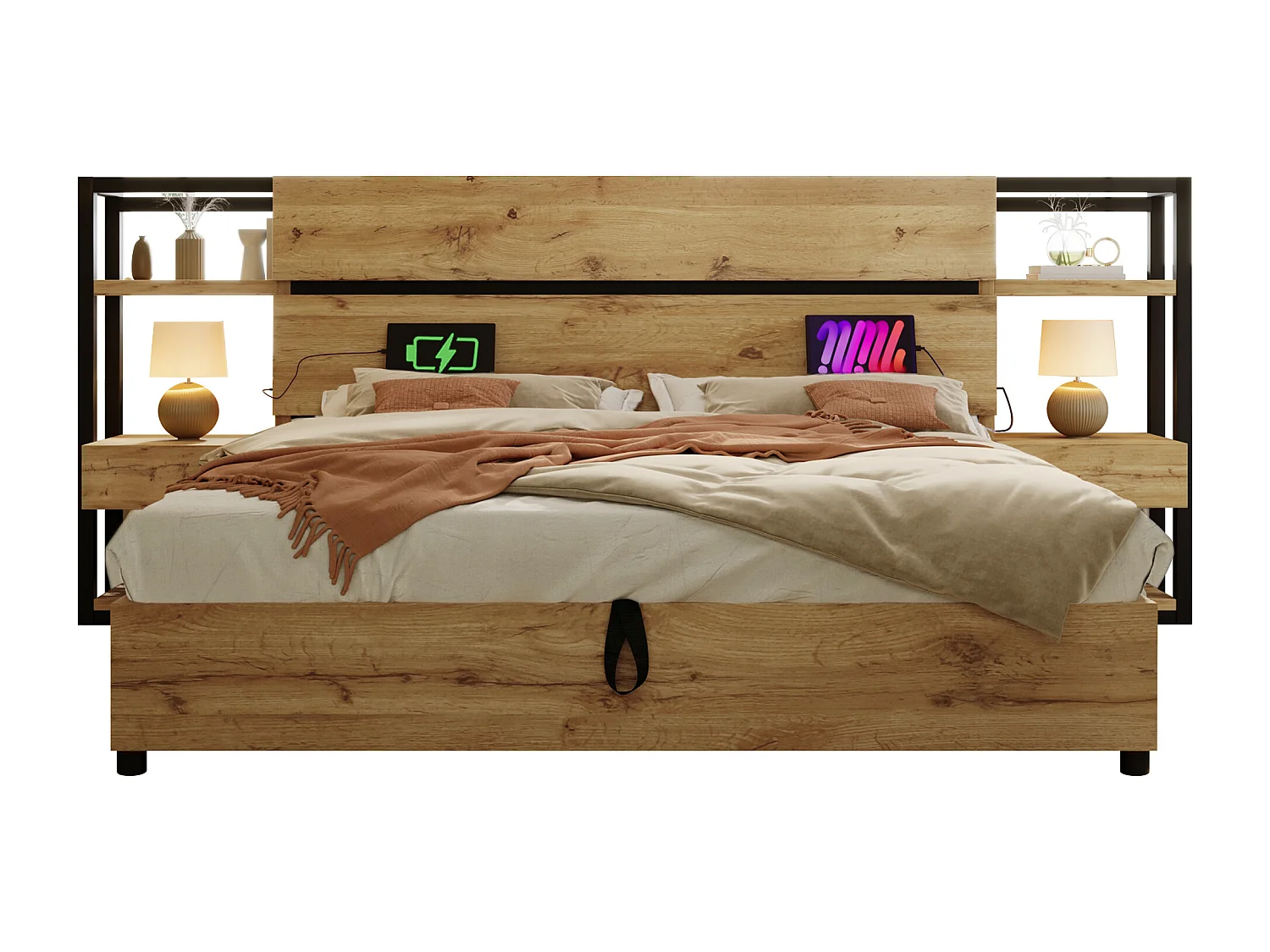 Lit double bois 160x200 cm avec rangement hydraulique, tête de lit avec tiroirs, ports USB & Type-C, cadre à lattes, chêne, sans matelas.