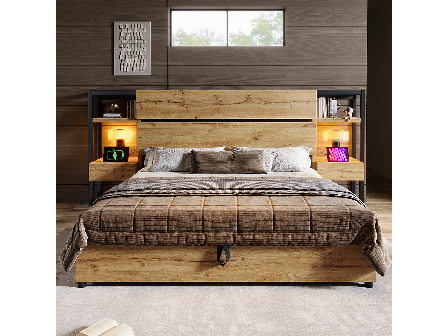 Lit double bois 160x200 cm avec rangement hydraulique, tête de lit avec tiroirs, ports USB & Type-C, cadre à lattes, chêne, sans matelas.