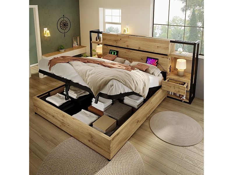 Lit double bois 160x200 cm avec rangement hydraulique, tête de lit avec tiroirs, ports USB & Type-C, cadre à lattes, chêne, sans matelas.