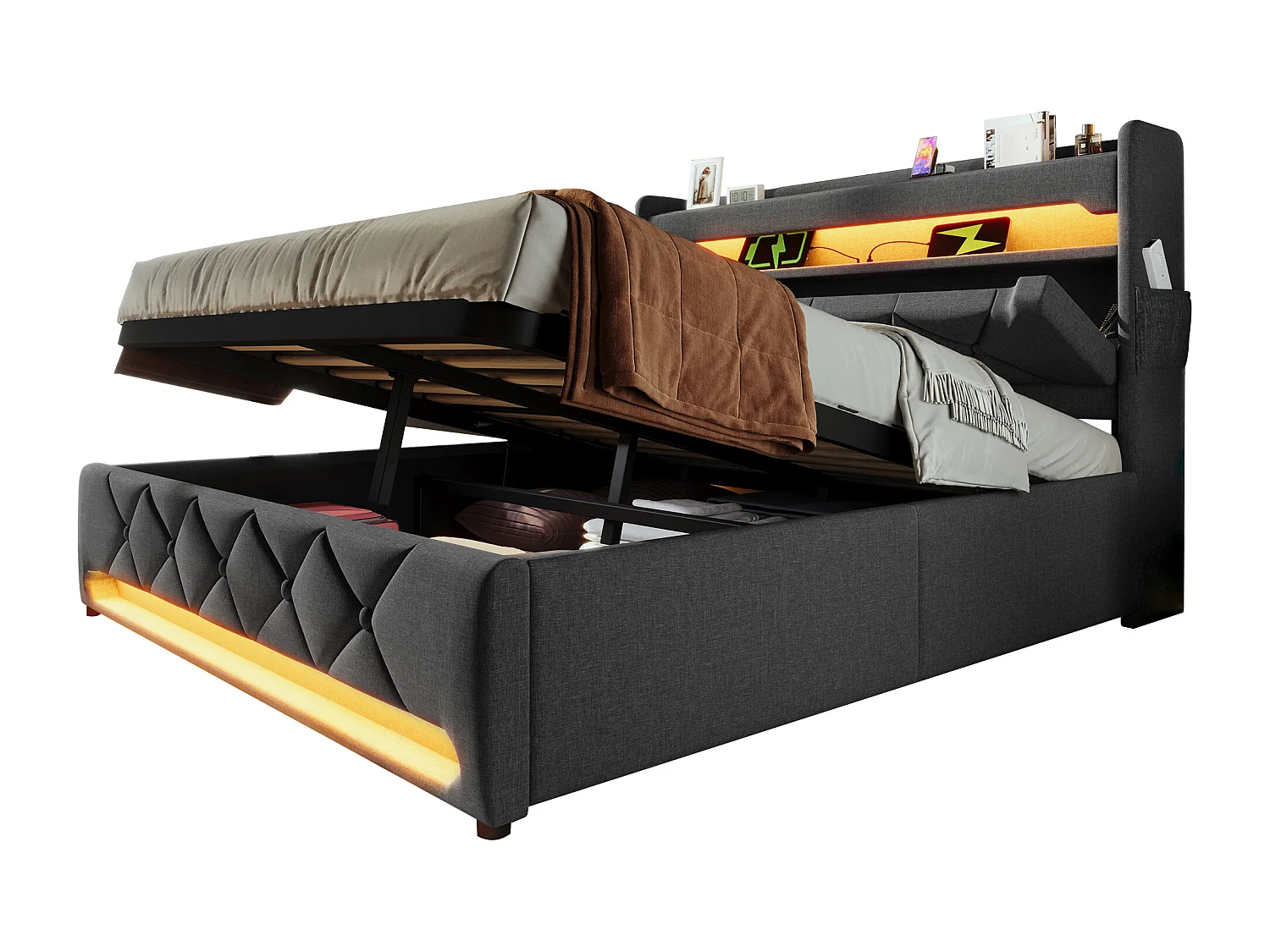 Lit tapissier double 160×200cm : Tête rangement (USB/Typ-C), LED 360° surround (tête/pied), rangement hydraulique, beige, lin (sans matelas)