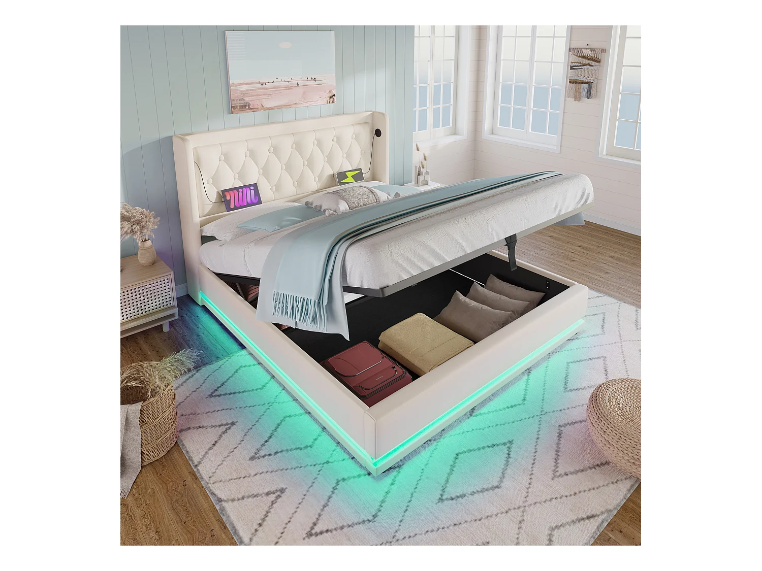 Lit double 160x200 cm blanc PU, coffre hydraulique, tête rembourrée, USB Type-C, LED 3 côtés (sans matelas)