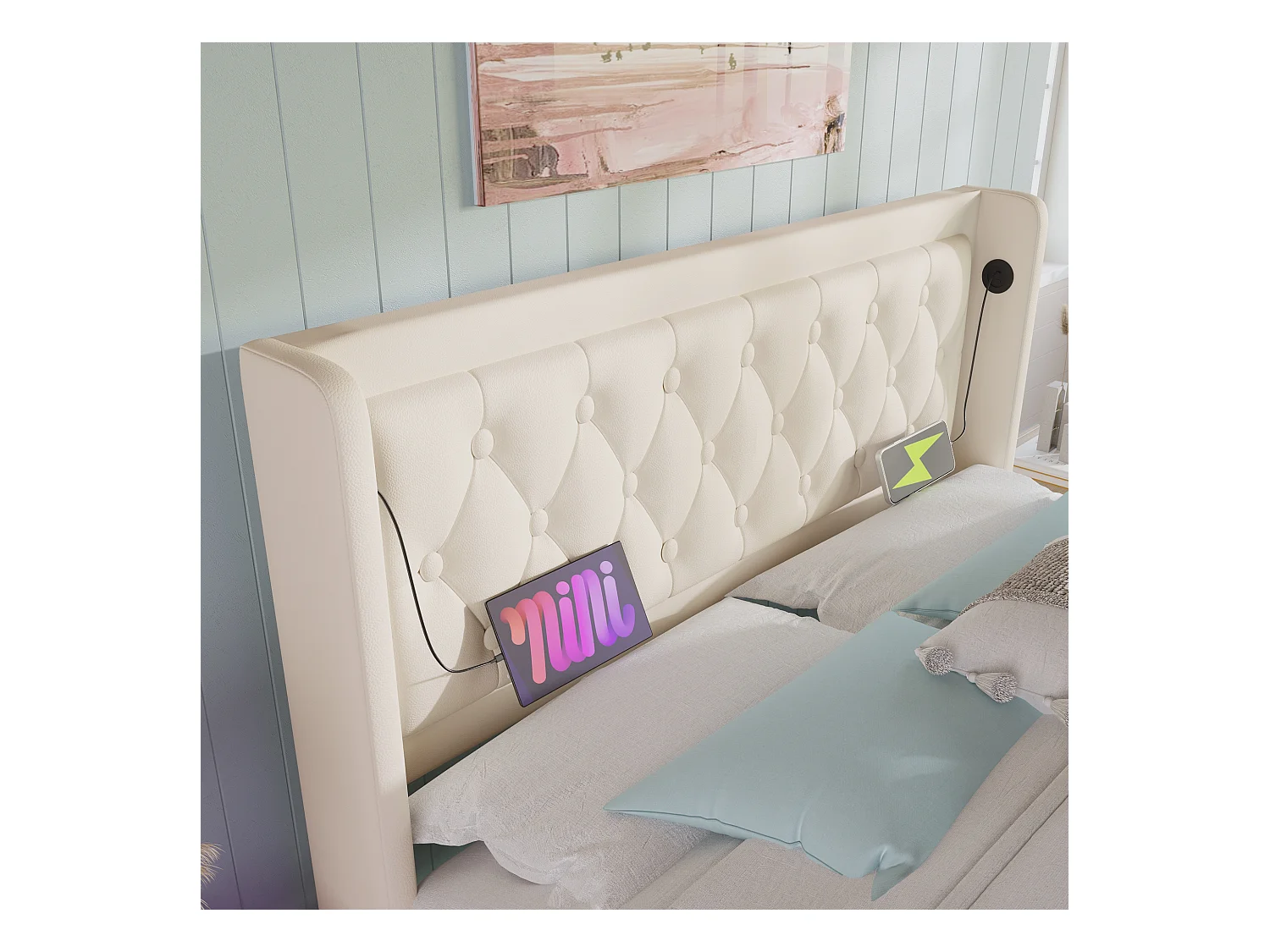 Lit double 160x200 cm blanc PU, coffre hydraulique, tête rembourrée, USB Type-C, LED 3 côtés (sans matelas)