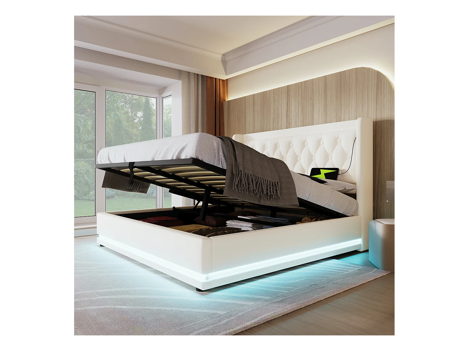 Lit double 160x200 cm blanc PU, coffre hydraulique, tête rembourrée, USB Type-C, LED 3 côtés (sans matelas)