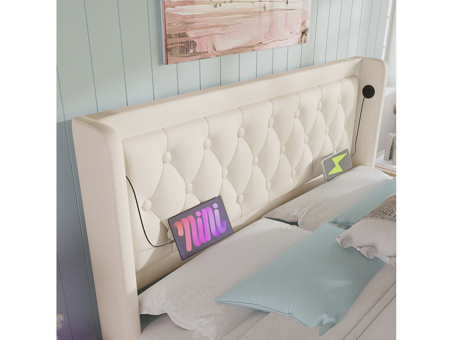 Lit double 160x200 cm blanc PU, coffre hydraulique, tête rembourrée, USB Type-C, LED 3 côtés (sans matelas)