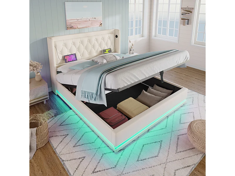 Lit double 160x200 cm blanc PU, coffre hydraulique, tête rembourrée, USB Type-C, LED 3 côtés (sans matelas)