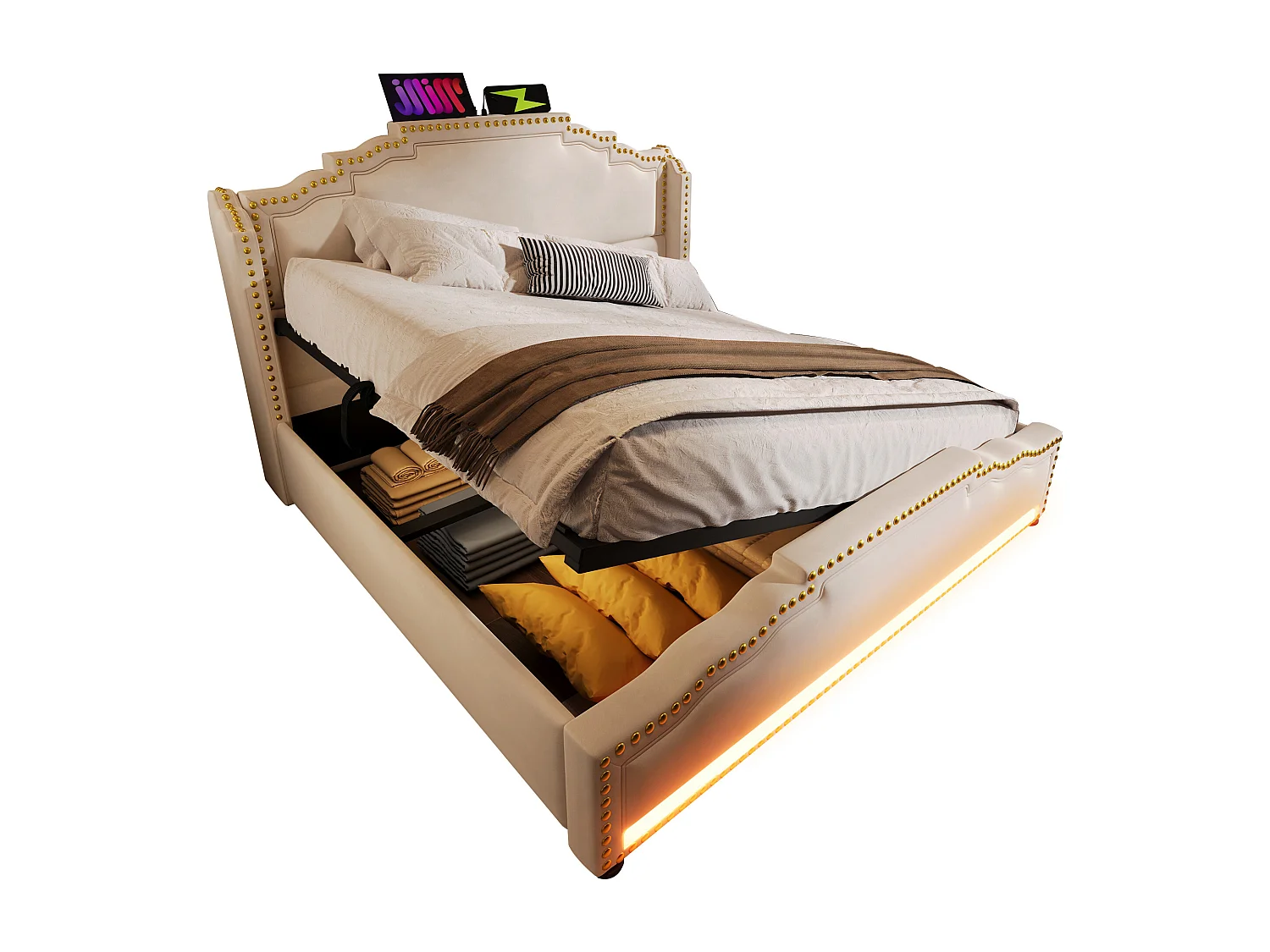 Lit tapissier double 140×200cm : rangement hydraulique, LED + prise USB-C, lit à rangement + lit ado, lattes de support, velours, beige (sans matelas)