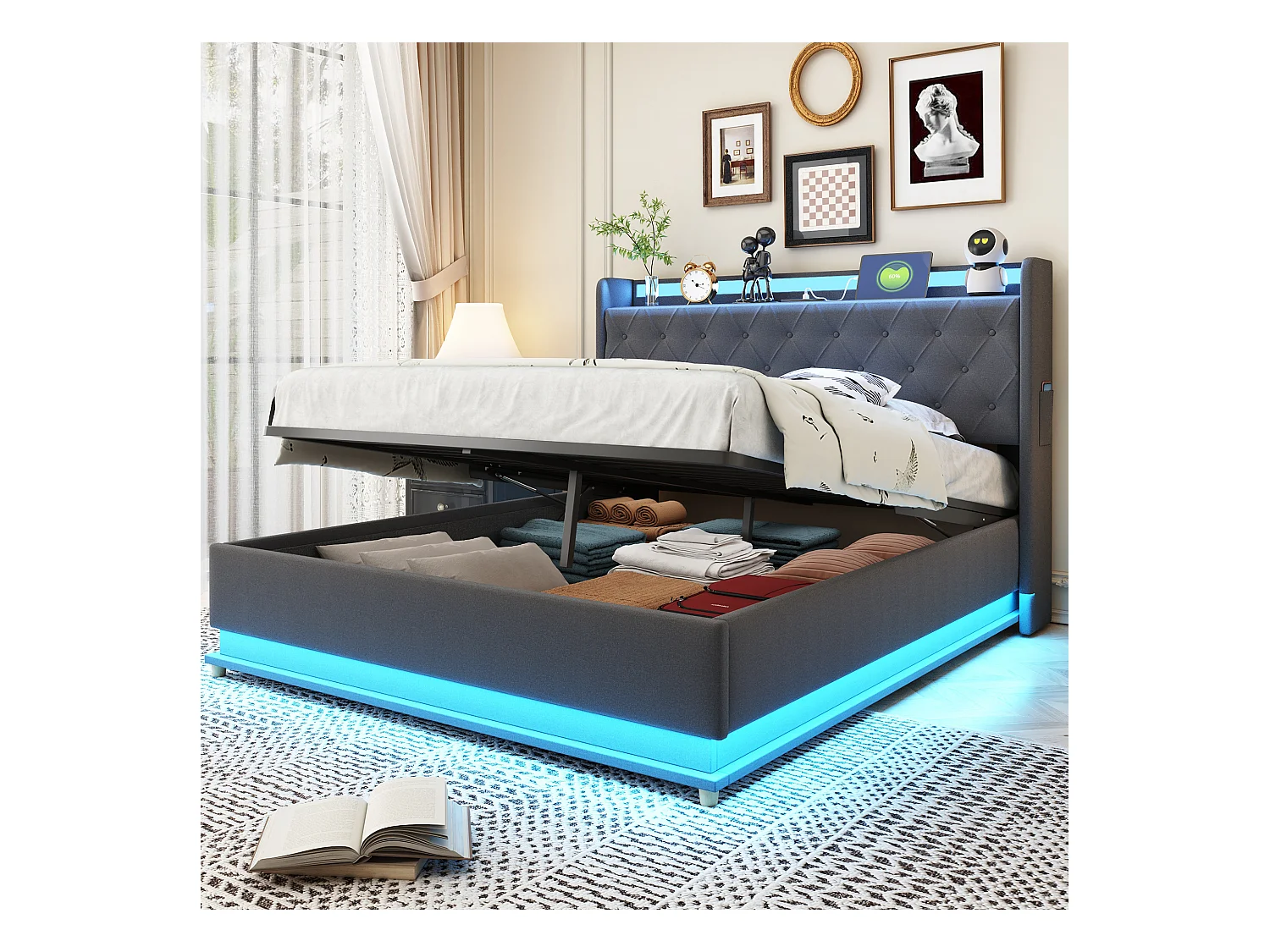 Lit LED 140 x 200 cm avec Port USB et Rangement Hydraulique, en Tissu Lin Gris