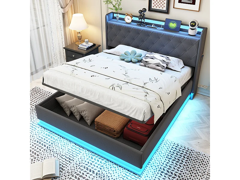 Lit LED 140 x 200 cm avec Port USB et Rangement Hydraulique, en Tissu Lin Gris