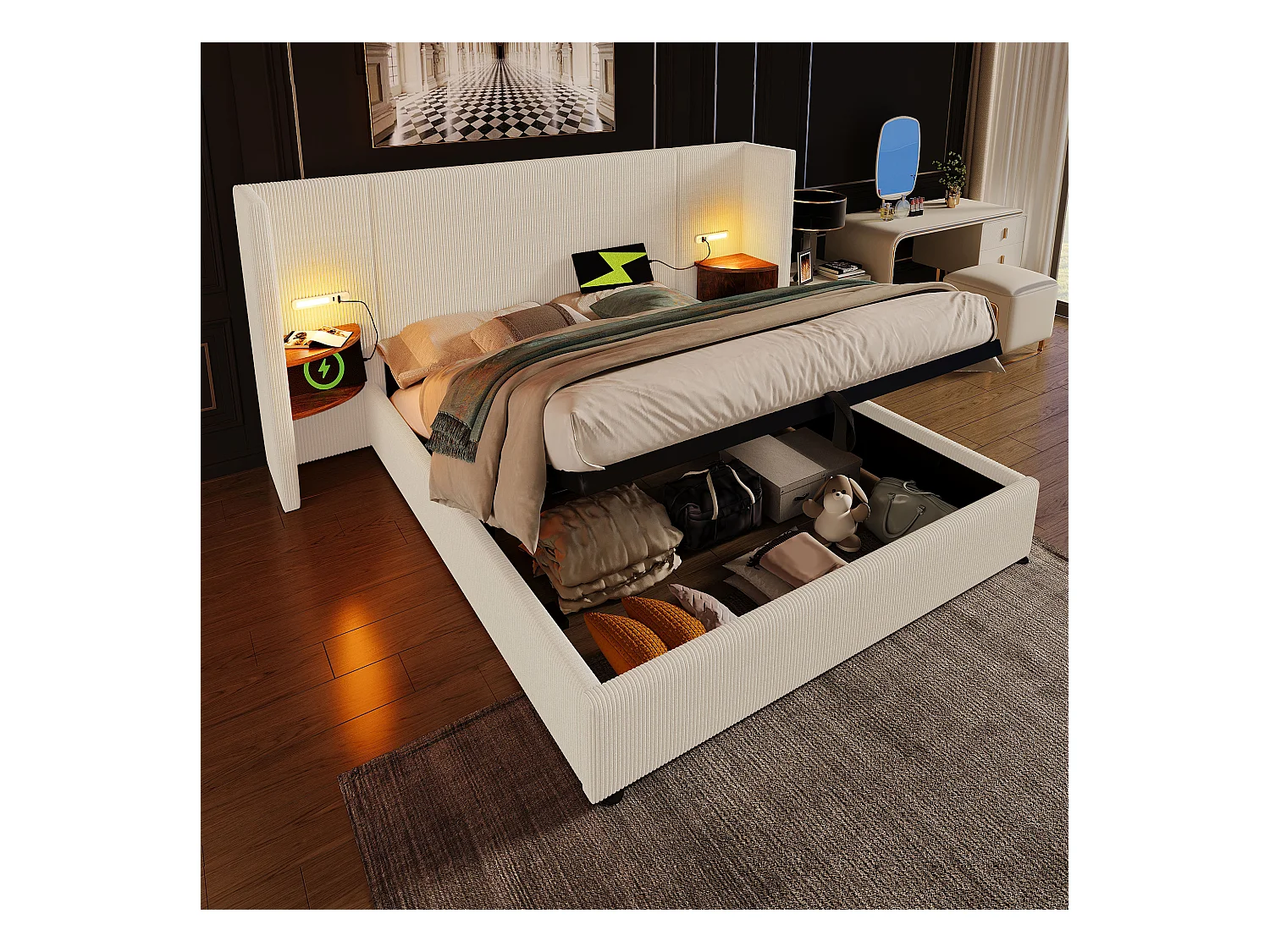 Lit double 180×200 avec table de chevet, lampe de lecture et port USB Type-C, structure en bois massif et métal, beige-blanc, tissu côtelé (sans matelas)