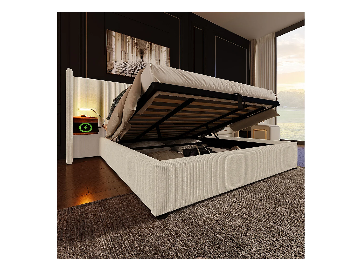 Lit double 180×200 avec table de chevet, lampe de lecture et port USB Type-C, structure en bois massif et métal, beige-blanc, tissu côtelé (sans matelas)