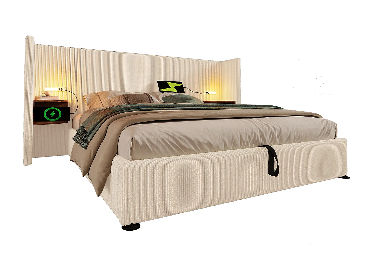 Lit double 180×200 avec table de chevet, lampe de lecture et port USB Type-C, structure en bois massif et métal, beige-blanc, tissu côtelé (sans matelas)