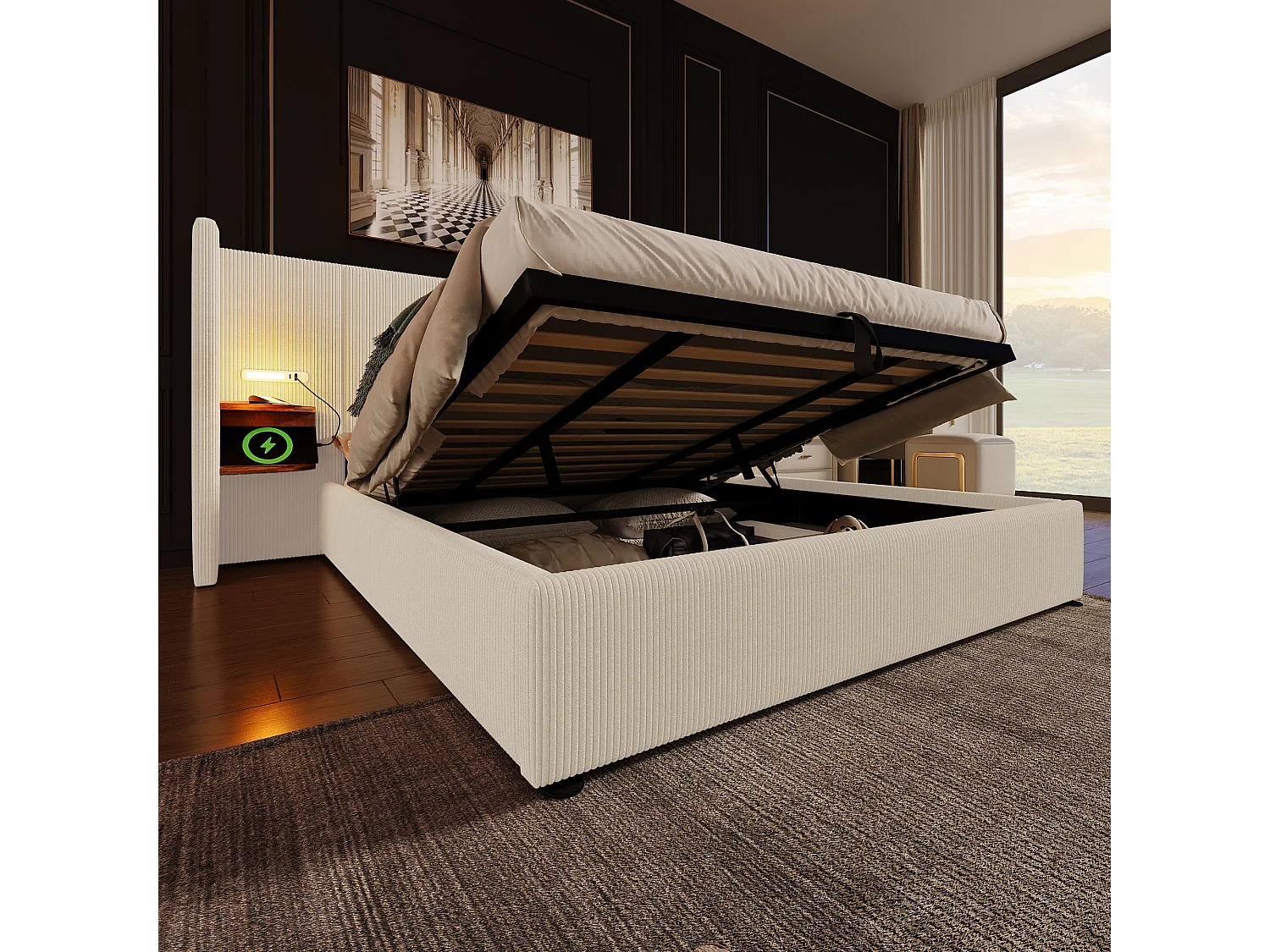 Lit double 180×200 avec table de chevet, lampe de lecture et port USB Type-C, structure en bois massif et métal, beige-blanc, tissu côtelé (sans matelas)